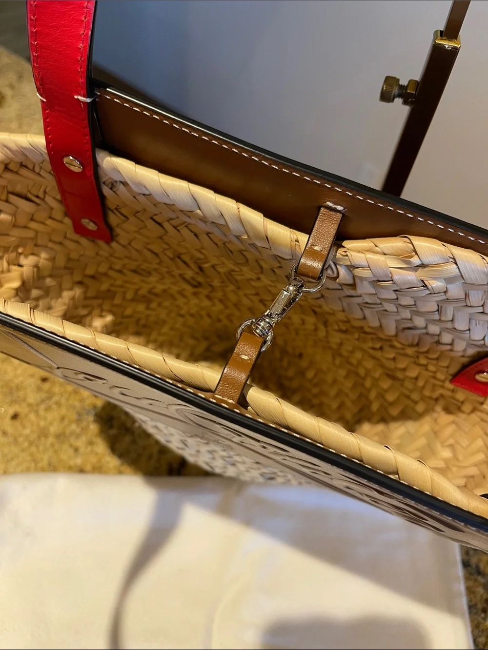 Christian Louboutin Tan & Natural Woven Straw Tote with Red-Trim Handles - Picture 5 of 8